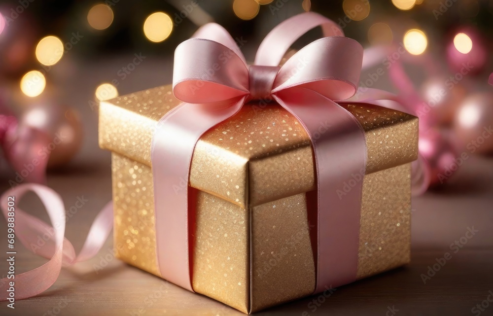 Christmas gift box with pink bow and decoration on bokeh background Christmas gift box with pink bow and decoration on bokeh background