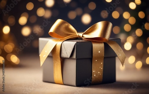 Christmas gift box with golden bow and decoration on bokeh background