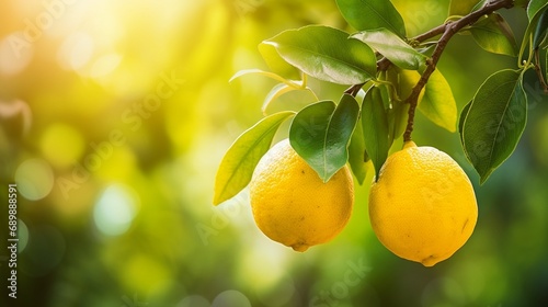 A pair of Lemons with a defocussed natural backdrop hanging on a branch - AI Generative