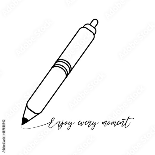 A ballpoint pen writes in ink the phrase “Enjoy every moment.” Black line vector drawing isolated on white background