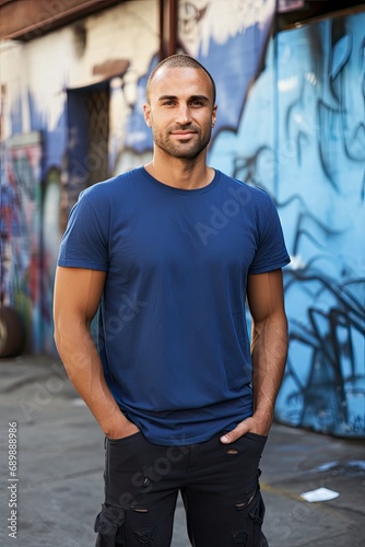 Man in a blue T-shirt against the background of the city