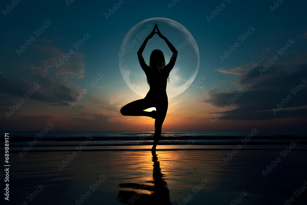 The serene silhouette of a woman engaged in yoga, gracefully positioned against the tranquil backdrop of a full moon, evokes a harmonious union of mindfulness and celestial beauty