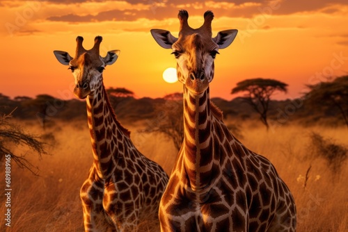Two giraffes at sunset in Africa © Mariia