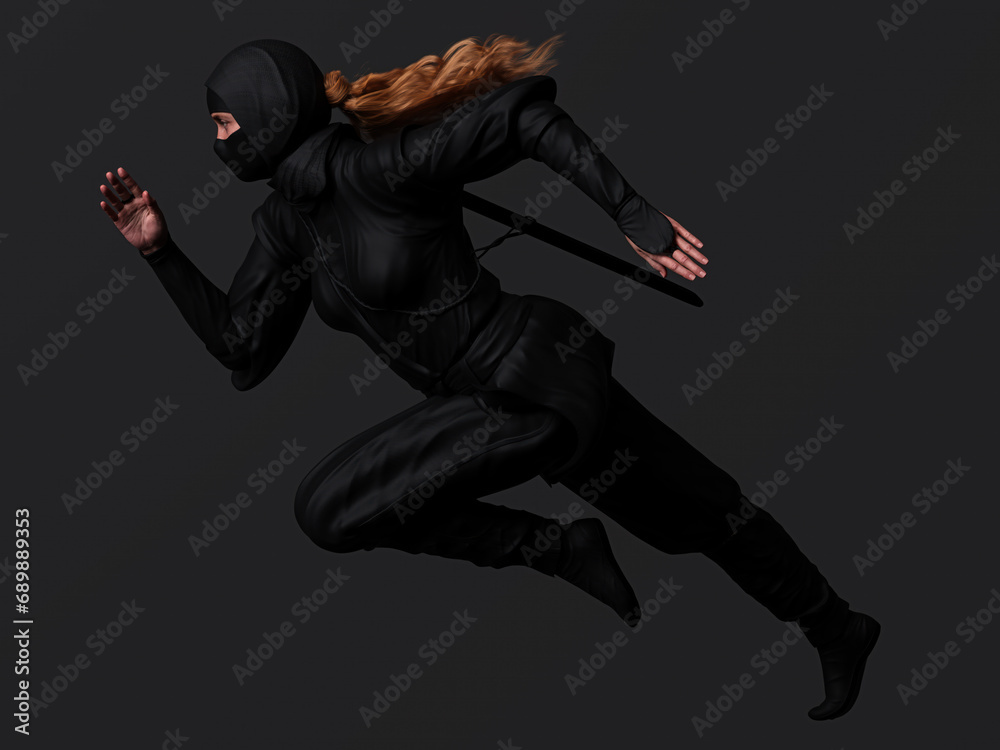 Obraz premium A red-haired female ninja running on dark background. Side view. Traditional ninja style. 3D Illustration.