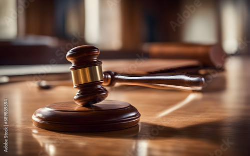 Closeup on a court hammer on a varnished wood juge table, defocused background of an American justice courtroom