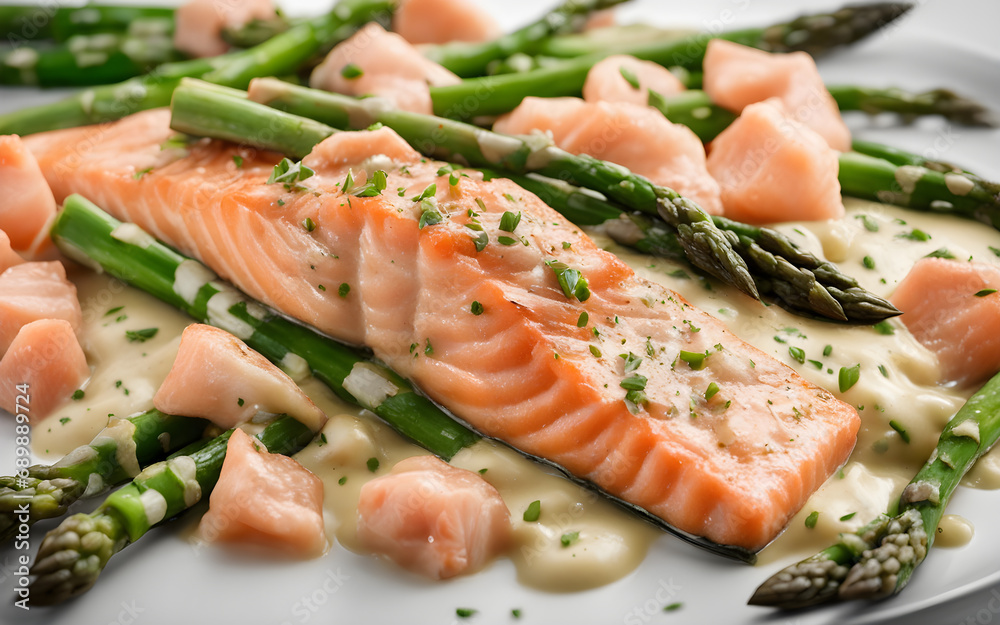 Salmon and asparagus in creamy sauce on a white plain background