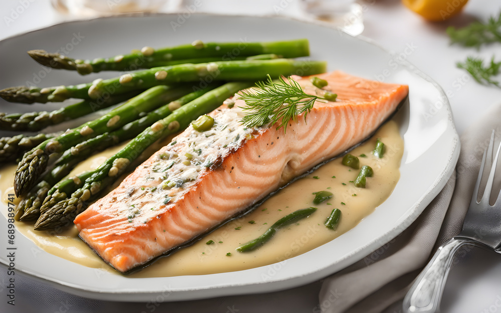 Salmon and asparagus in creamy sauce on a white plain background