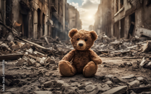  Kids teddy bear toy in a city burned by destruction of an aftermath war conflict photo