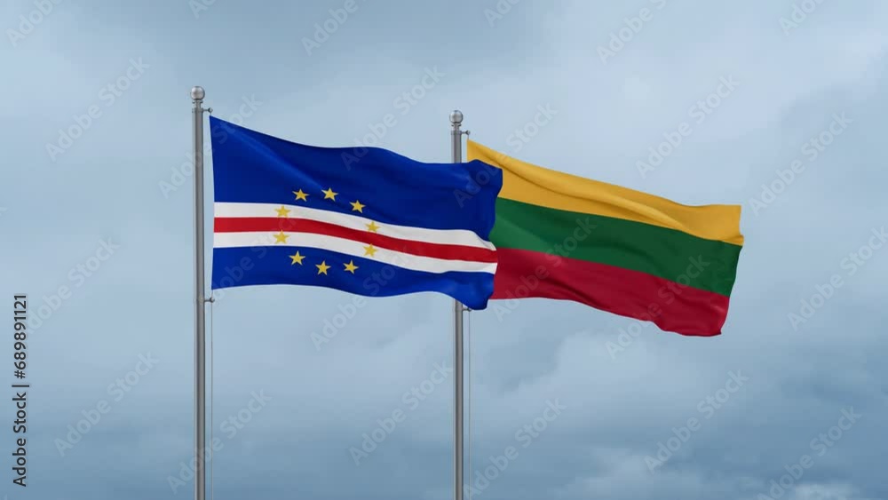 Lithuania flag and Cape Verde flag waving together on cloudy sky, endless seamless loop, two country relations concept Lithuania flag and Cape Verde flag waving together on cloudy sky, endless seamless loop, two country relations concept