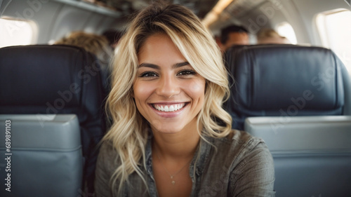 Happy young woman taking a selfie photo with a smart mobile phone boarding a plane, cheerful tourist inside the plane about to take off, travel lifestyle concept , space for text photo