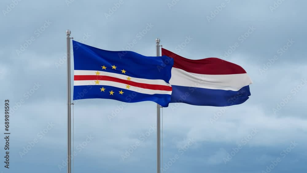 Netherlands flag and Cape Verde flag waving together on cloudy sky, endless seamless loop, two country relations concept