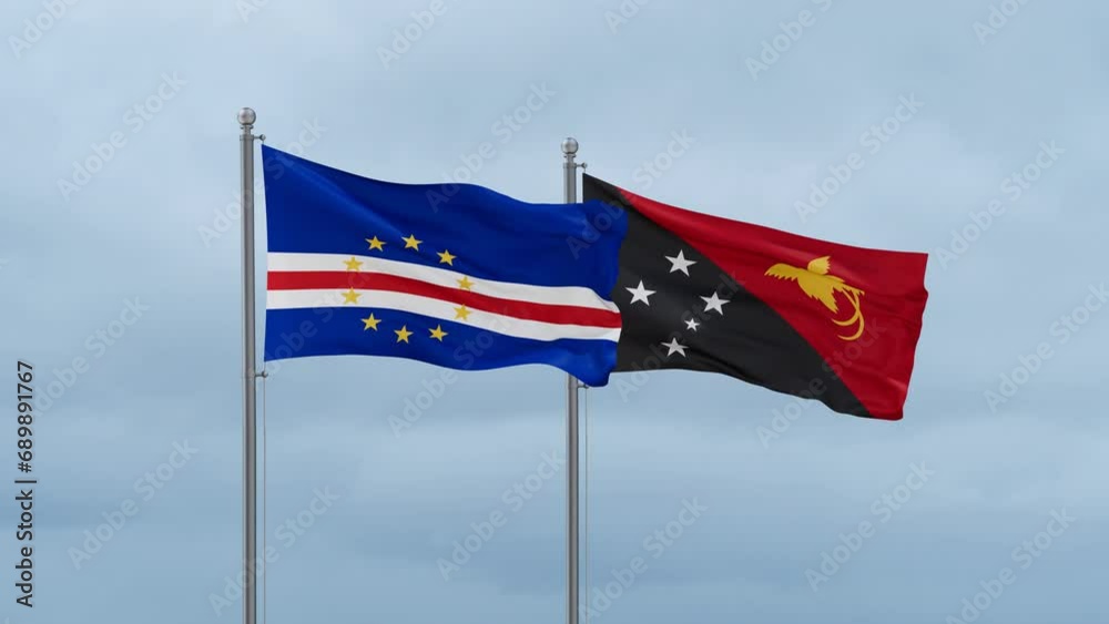 Papua New Guinea flag and Cape Verde flag waving together on cloudy sky, endless seamless loop, two country relations concept Papua New Guinea flag and Cape Verde flag waving together on cloudy sky, endless seamless loop, two country relations concept