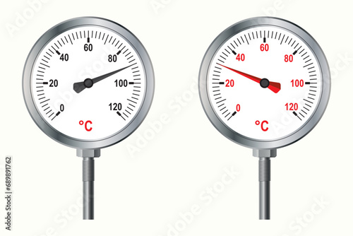 Round thermometer on white background. Circular metal thermometer. Physics, Temperature, degrees Celsius. Celsius, Fahrenheit thermometers photo