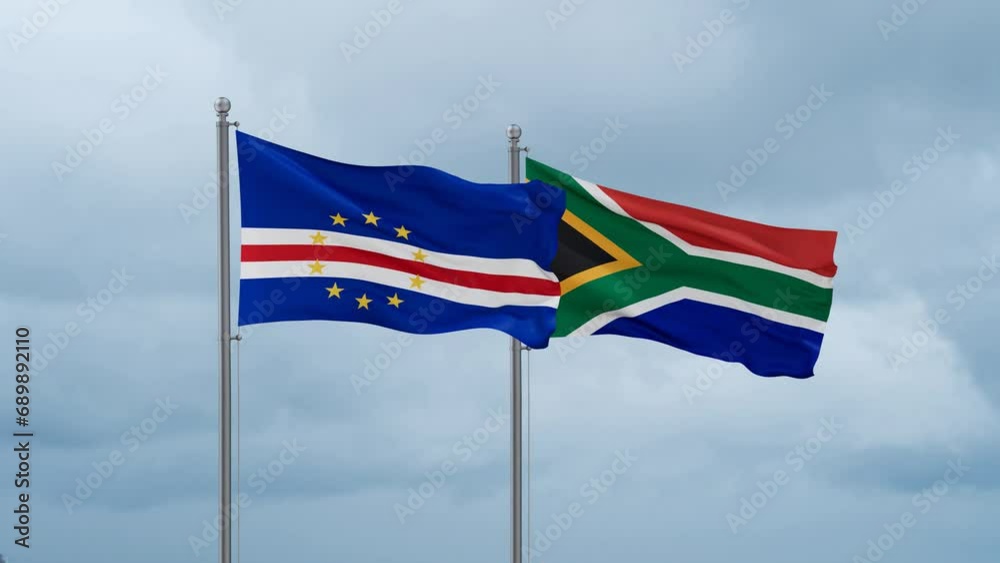 Republic of South Africa and Cape Verde flag waving together on cloudy sky, endless seamless loop, two country cooperation concept Republic of South Africa and Cape Verde flag waving together on cloudy sky, endless seamless loop, two country cooperation concept