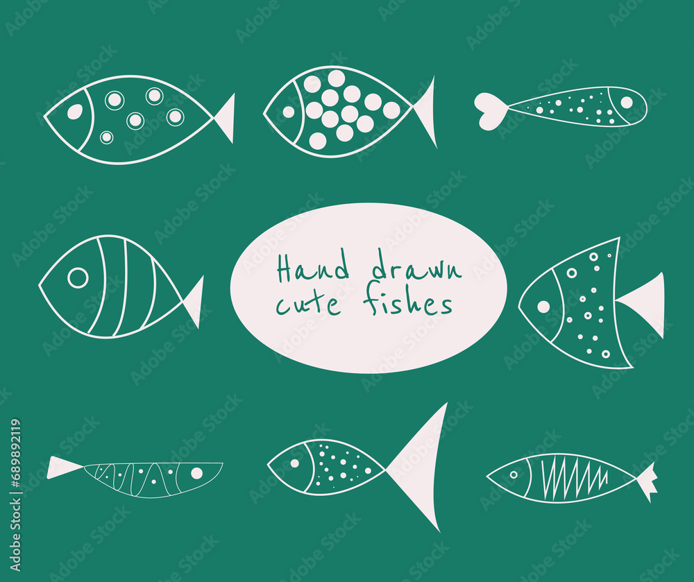 Hand drawn cute fishes in flat style. Fishes body vector icons big set. Vector illustration for icon, logo, print, icon, card, emblem, label. Aquarium. Hand drawn cute fishes in flat style. Fishes body vector icons big set. Vector illustration for icon, logo, print, icon, card, emblem, label. Aquarium.