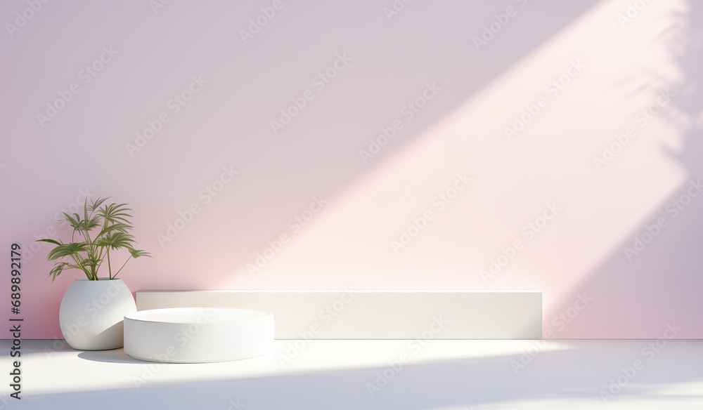 Ethereal Elegance: Modern Planter with Palm Leaves on Soft Pink Wall Ethereal Elegance: Modern Planter with Palm Leaves on Soft Pink Wall