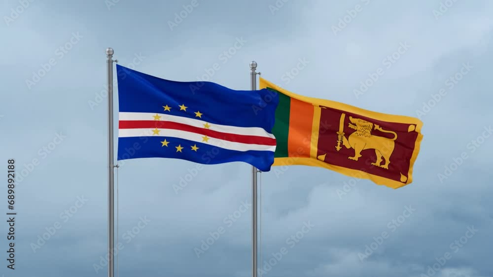 Sri Lanka and Cape Verde flag waving together on cloudy sky, endless seamless loop, two country cooperation concept Sri Lanka and Cape Verde flag waving together on cloudy sky, endless seamless loop, two country cooperation concept