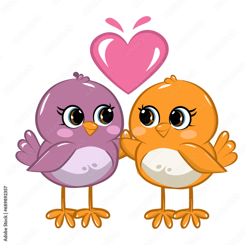 two birds in love on a twig on a white background