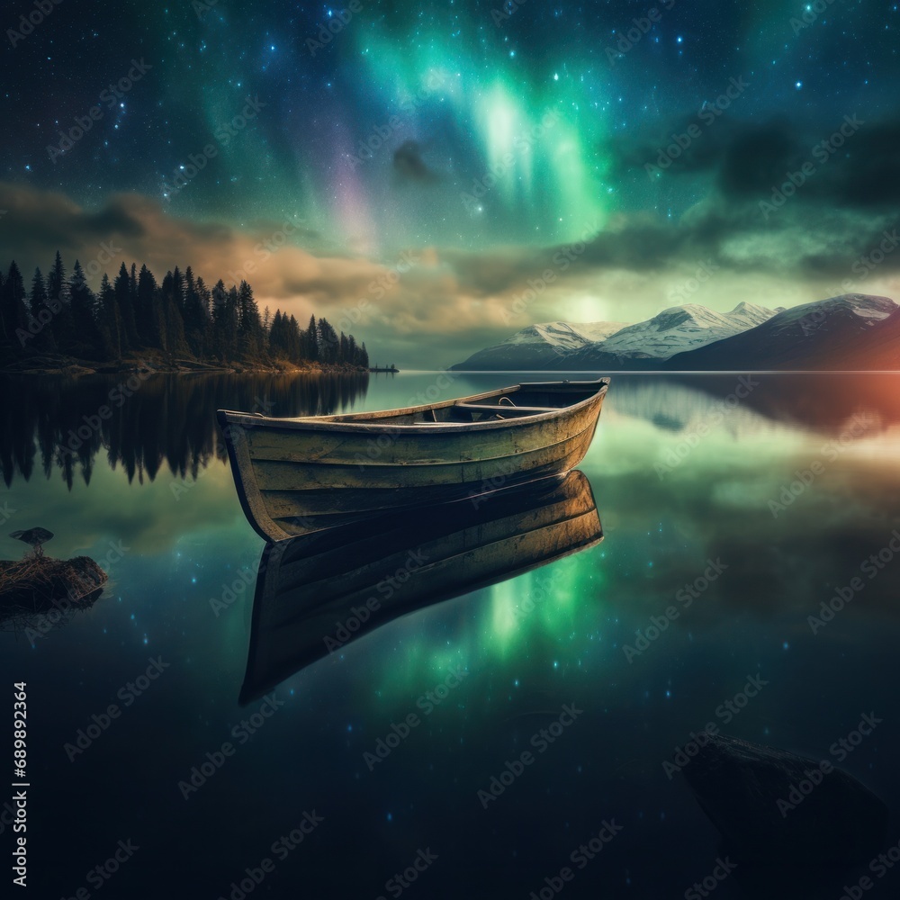 Φωτογραφία A solitary boat on a mirror-like lake beneath the star-filled sky and northern l