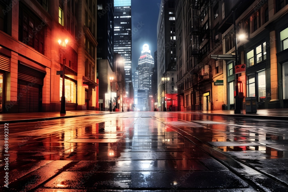 Wet street in the city at night. Generative AI