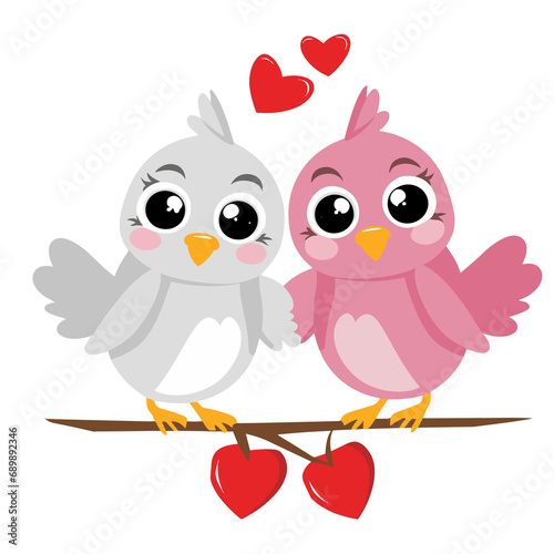 two birds in love on a twig on a white background