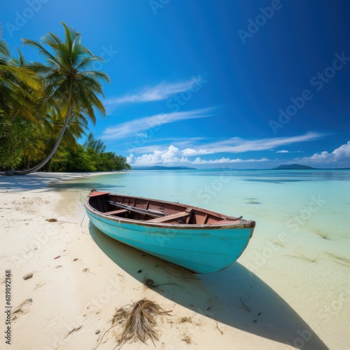 An old turquoise canoe rests on a deserted sandy beach with tranquil turquoise waters and palm trees