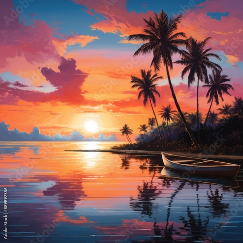 Digital artwork of a lone canoe floating on calm waters beneath a sunset sky with palm trees © mockupzord