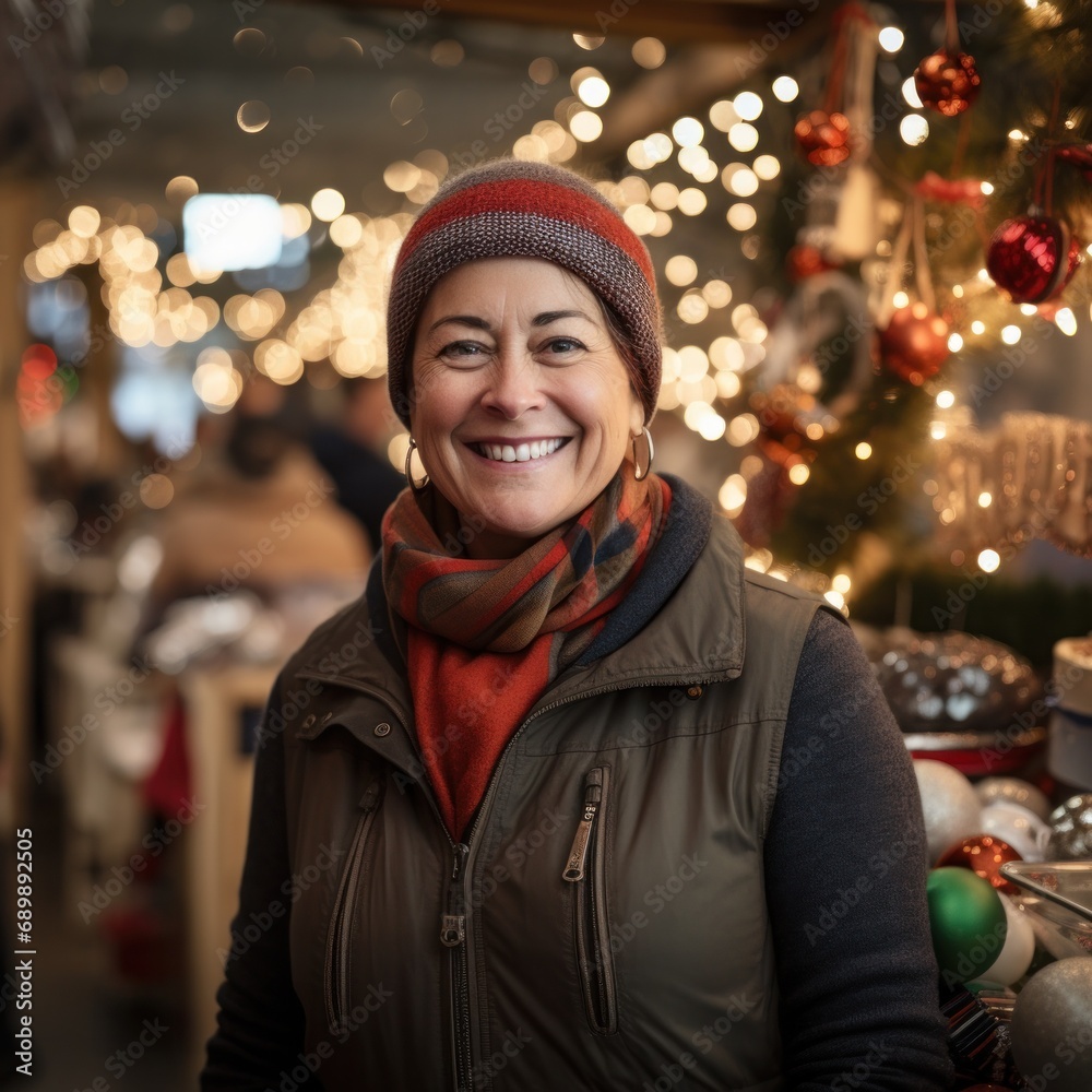 Smiling woman wearing a beanie and scarf enjoys the holiday atmosphere at a festive christmas market Smiling woman wearing a beanie and scarf enjoys the holiday atmosphere at a festive christmas market