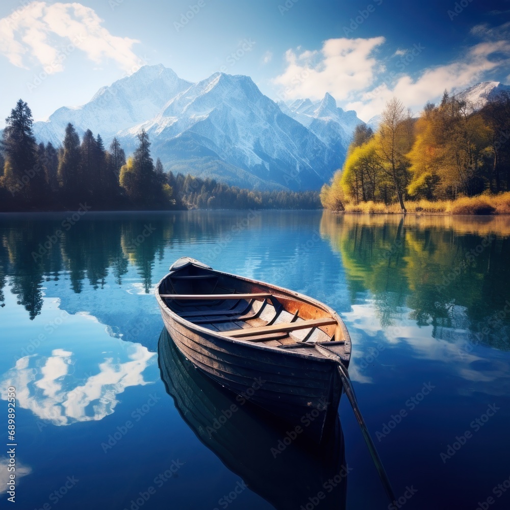 Peaceful scene with a lone boat on reflective lake in front of majestic mountains