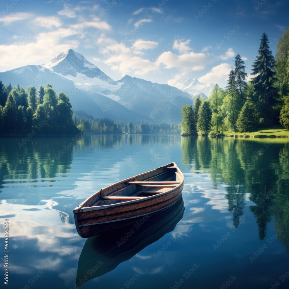 Picturesque landscape featuring a lone rowboat on a mirror-like lake with towering mountains and fresh greenery