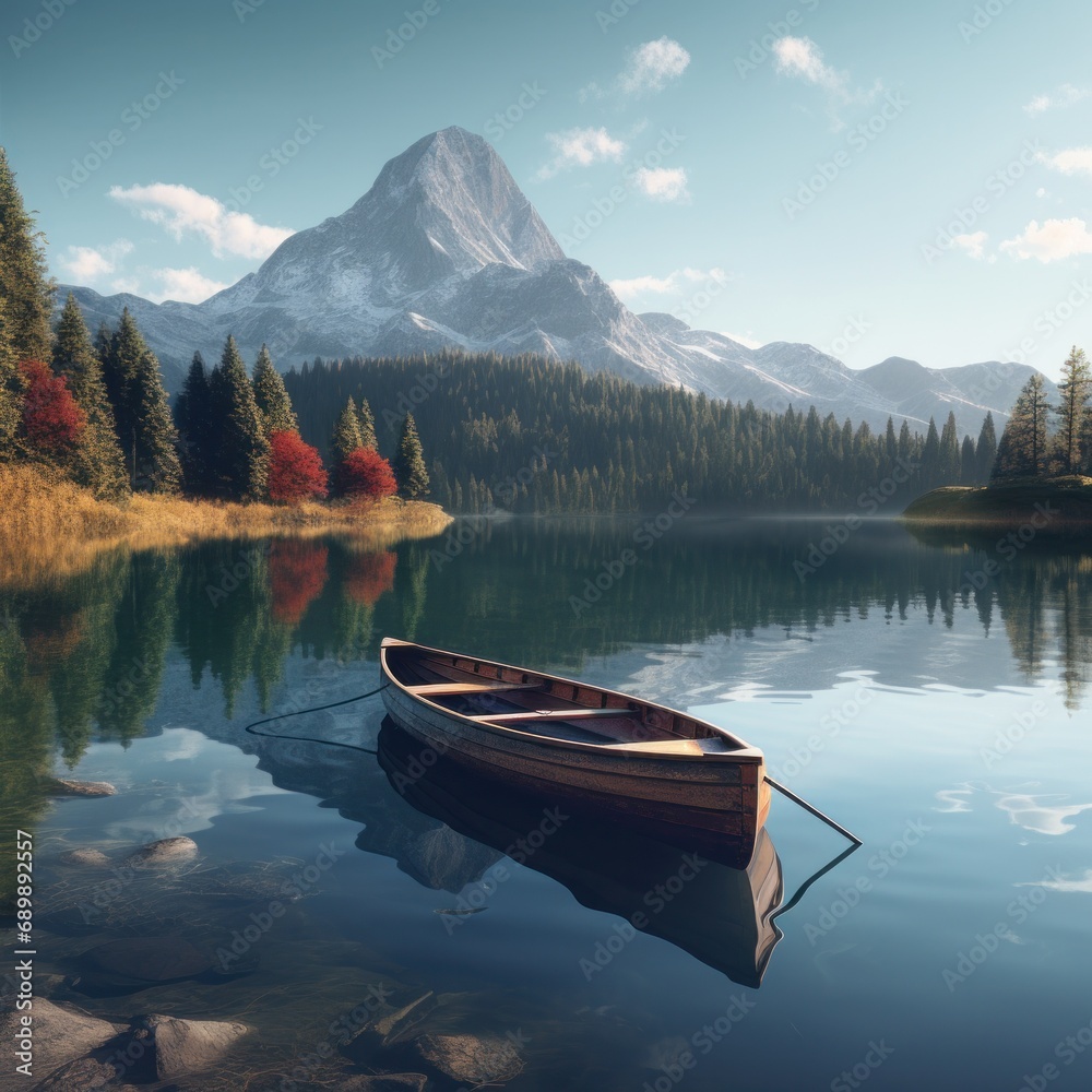 A tranquil scene with a single rowboat on a calm lake reflecting a majestic mountain and surrounding forest