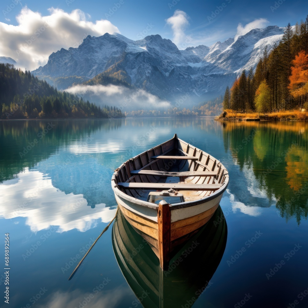 A solitary empty rowboat moored in a calm mountain lake, surrounded by autumn colors and snow-covered peaks