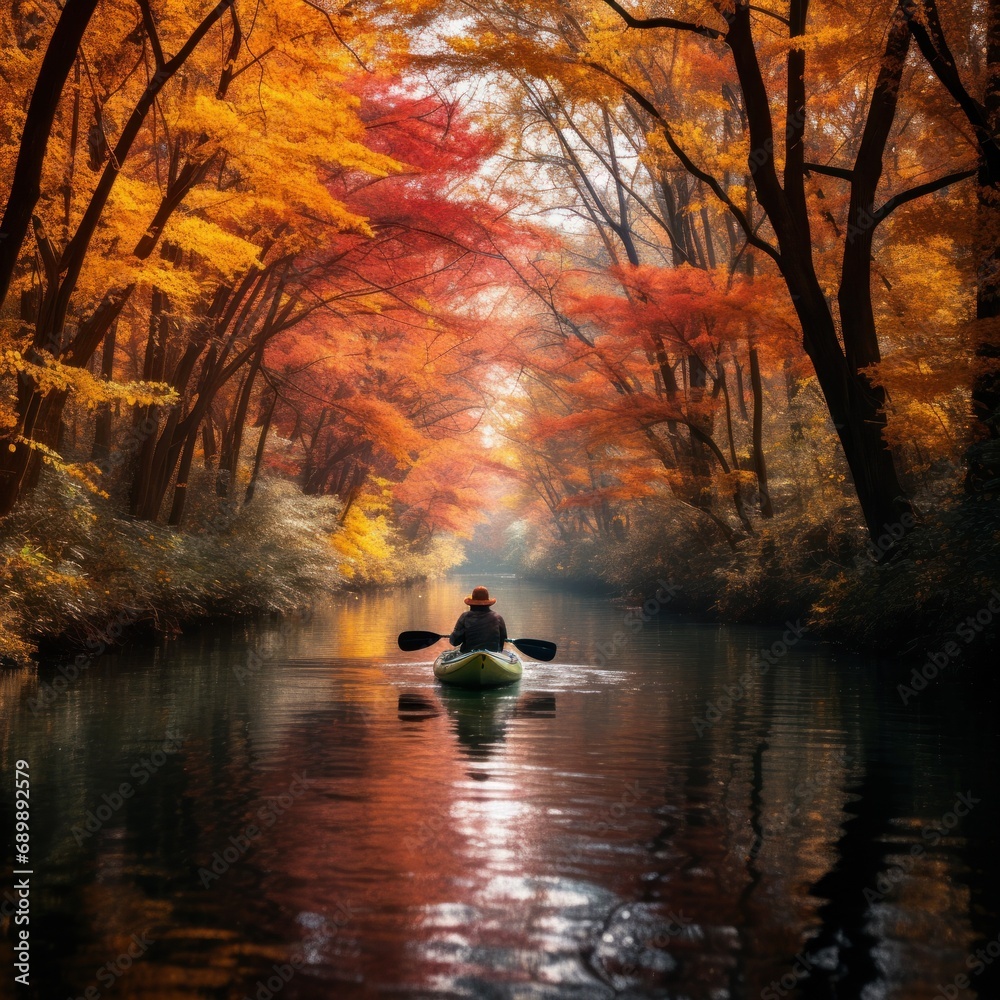 A lone kayaker rows down a calm river, surrounded by a canopy of stunning fall foliage A lone kayaker rows down a calm river, surrounded by a canopy of stunning fall foliage