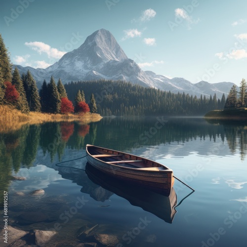 A tranquil scene with a single rowboat on a calm lake reflecting a majestic mountain and surrounding forest