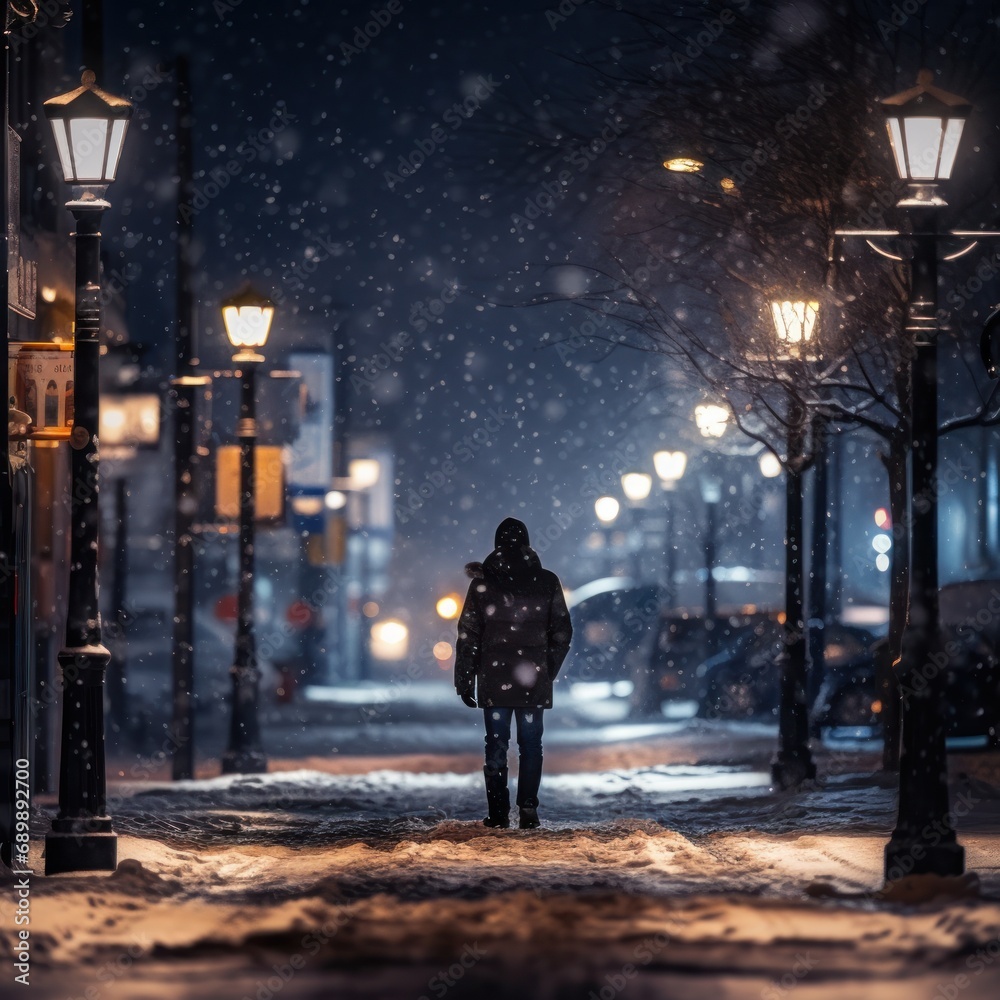 A lone figure is captured from behind, walking down a snow-laden street, surrounded by illuminated street lamps