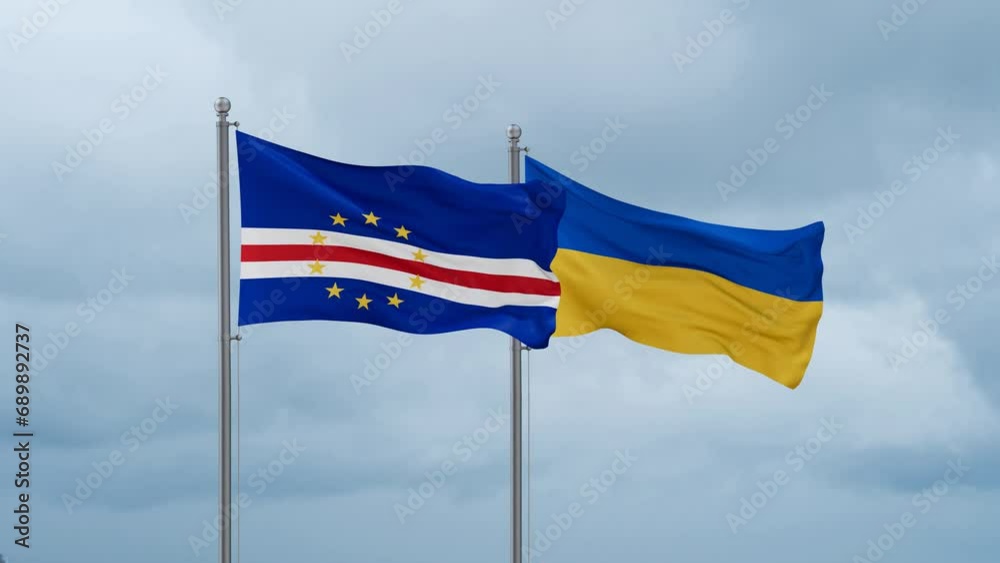 Ukraine and Cape Verde flag waving together on cloudy sky, endless seamless loop, two country cooperation concept