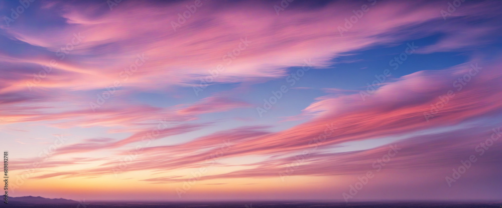 Beautiful background of the evening sky with clouds. Evening clear sky with small fluffy clouds. A banner with a gently purple pink sunset.