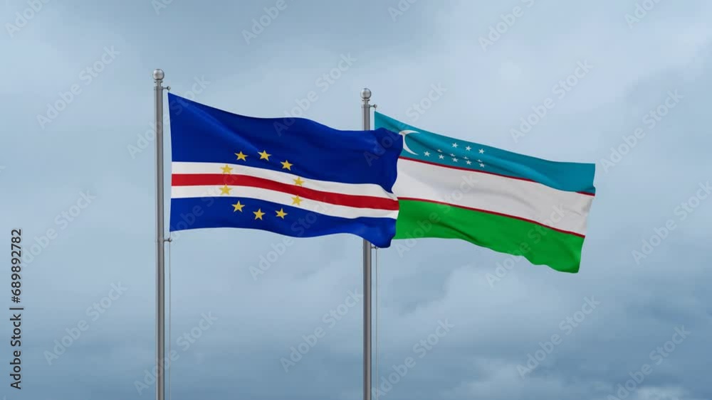 Republic of Uzbekistan and Cape Verde flag waving together on cloudy sky, endless seamless loop, two country cooperation concept Republic of Uzbekistan and Cape Verde flag waving together on cloudy sky, endless seamless loop, two country cooperation concept
