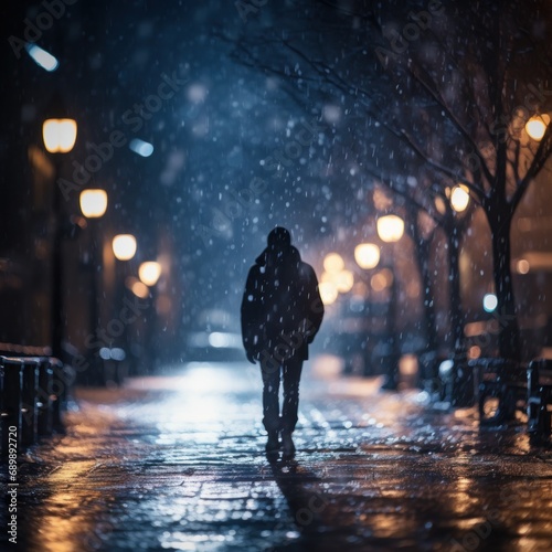 Capturing the back view of a person walking alone through a snow-covered street at night, under city lights