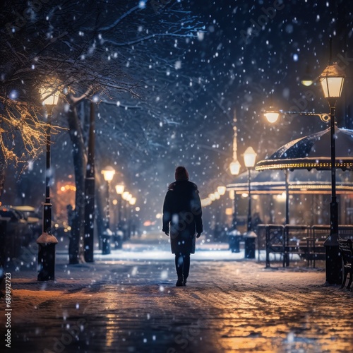 A solitary figure walks away on a snowy path, under the night lights of an urban setting