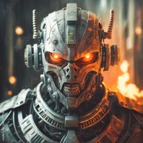 Robot Cyborg Head Machine Metal Future Science machine. A cybernetic robot's skull head in dark metallic material, featuring glowing eyes and a futuristic design against a uniformly dark backdrop