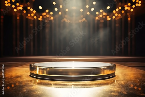 Empty round podium glass floor with luxury gold and diamonds