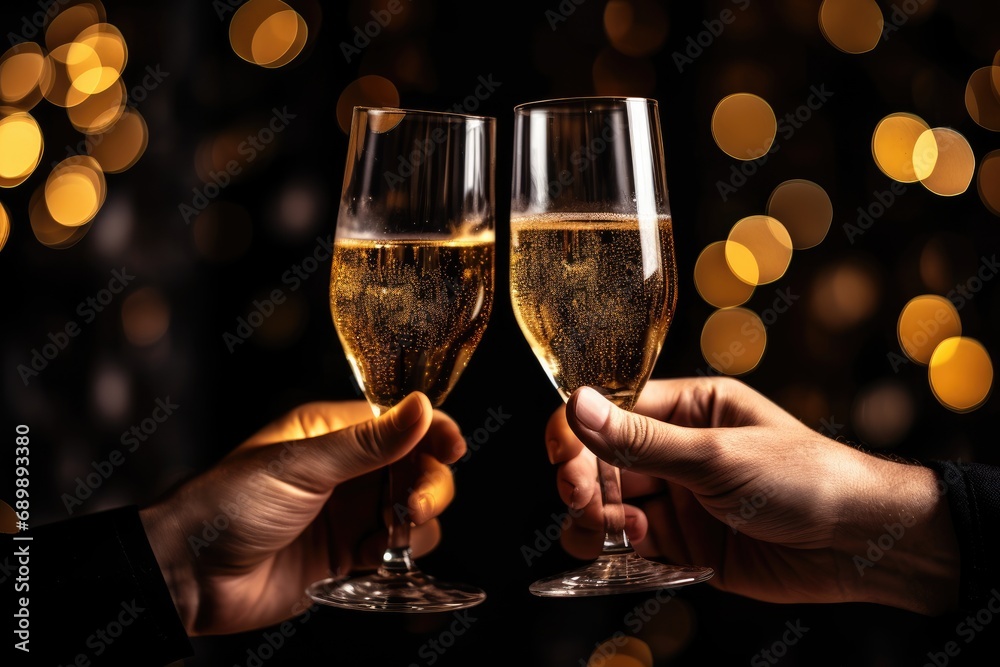 Hand holding champagne glass cheers on a gold background