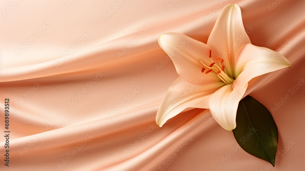A white flower sitting on top of a pink cloth, peach fuzz, color of the year 2024, monochromatic image
