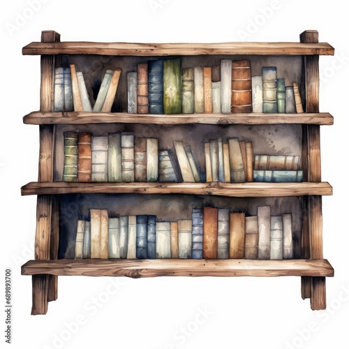 Watercolor a rustic wooden bookshelf filled with books  white background. AI generate