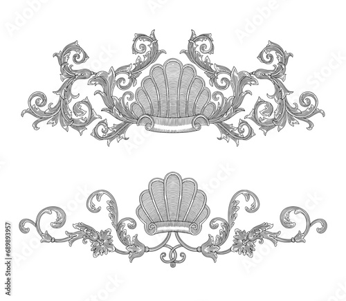 Shell with floral ornament, vintage baroque  leaf scroll engraving drawing style  illustration

