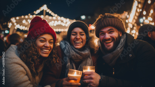 group of friends having fun in winter on cgristmas market, ai 