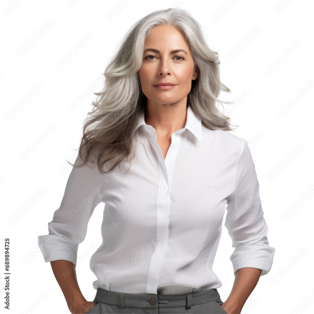 Isolated portrait of professional middle-aged woman, gray hair, office attire Isolated portrait of professional middle-aged woman, gray hair, office attire