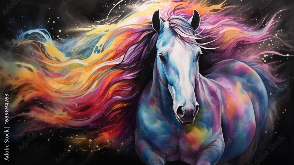 A majestic horse gallops through a vibrant rainbow of colors, its mane flowing in the wind against a stark black background - AI Generative