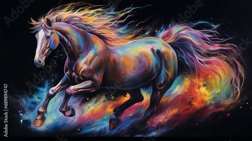 A majestic horse gallops through a vibrant rainbow of colors  its mane flowing in the wind against a stark black background - AI Generative